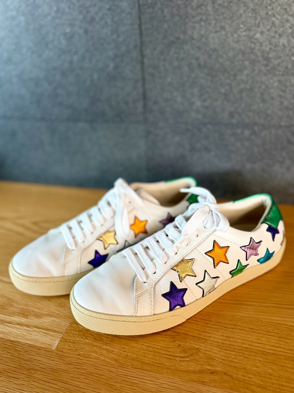 Saint Laurent White Leather Sneakers with Multicolor Star Appliqués